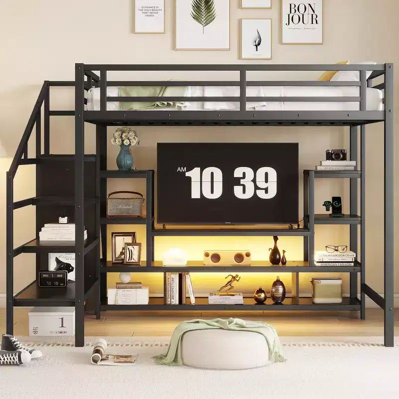 Full Size Metal Loft Bed with TV Cabinet