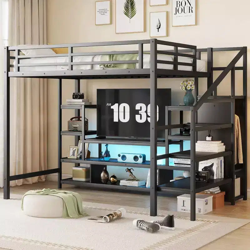 Full Size Metal Loft Bed with TV Cabinet