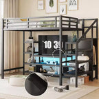 Full Size Metal Loft Bed with TV Cabinet