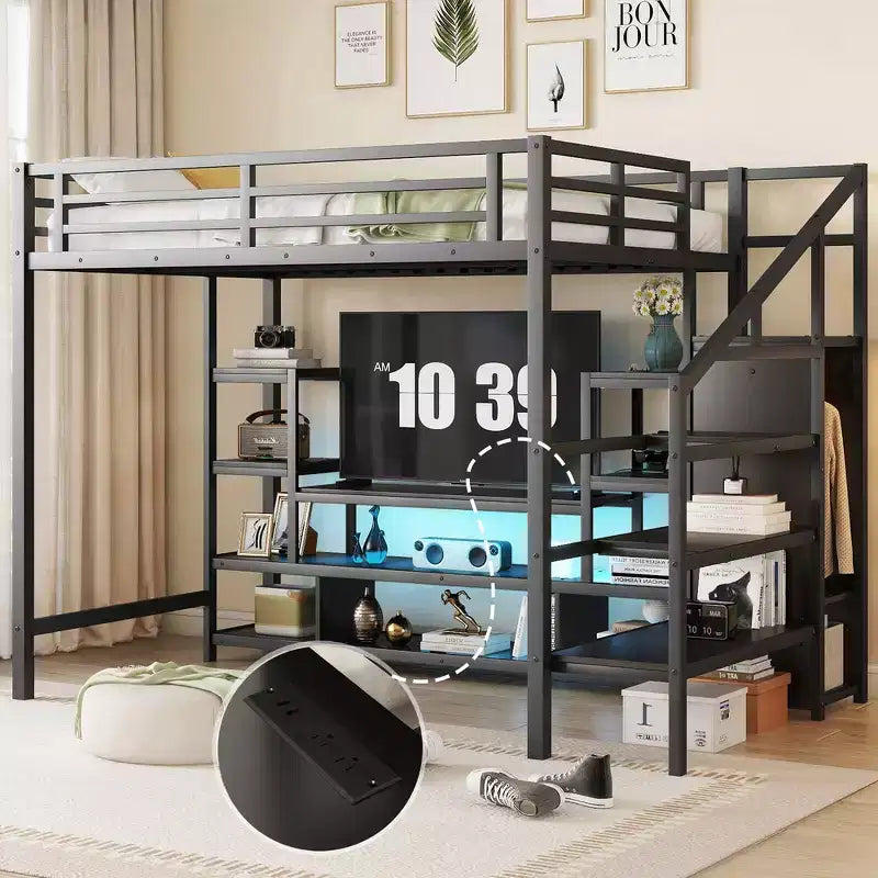 Full Size Metal Loft Bed with TV Cabinet