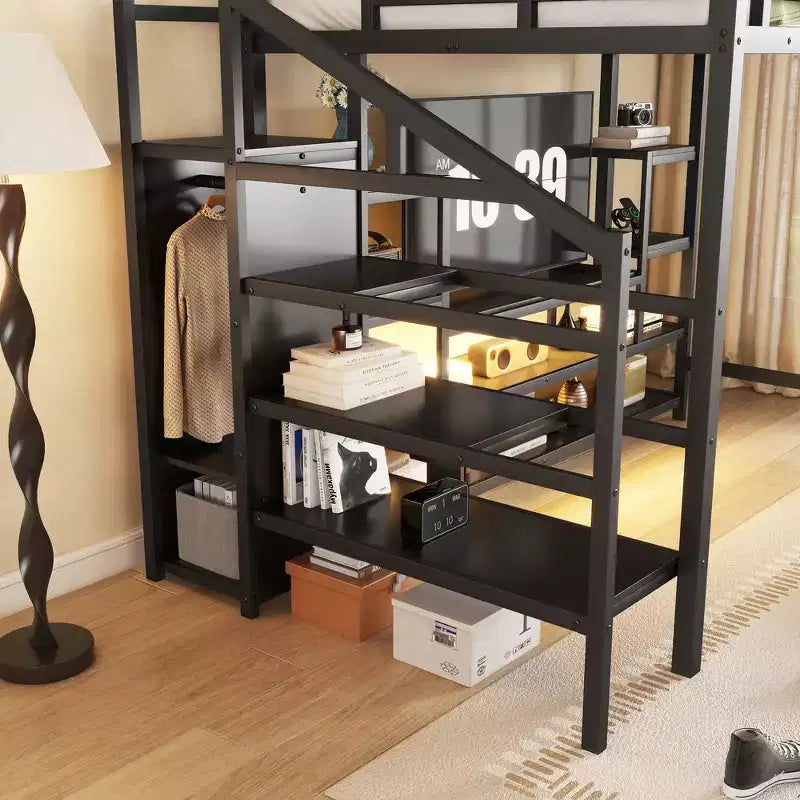Full Size Metal Loft Bed with TV Cabinet