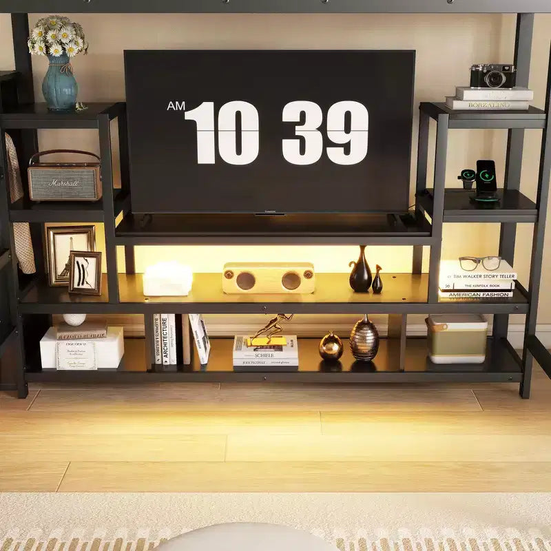 Full Size Metal Loft Bed with TV Cabinet