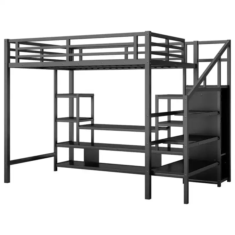 Full Size Metal Loft Bed with TV Cabinet