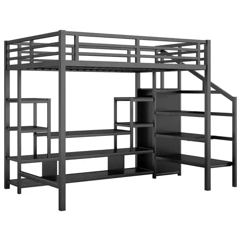 Full Size Metal Loft Bed with TV Cabinet