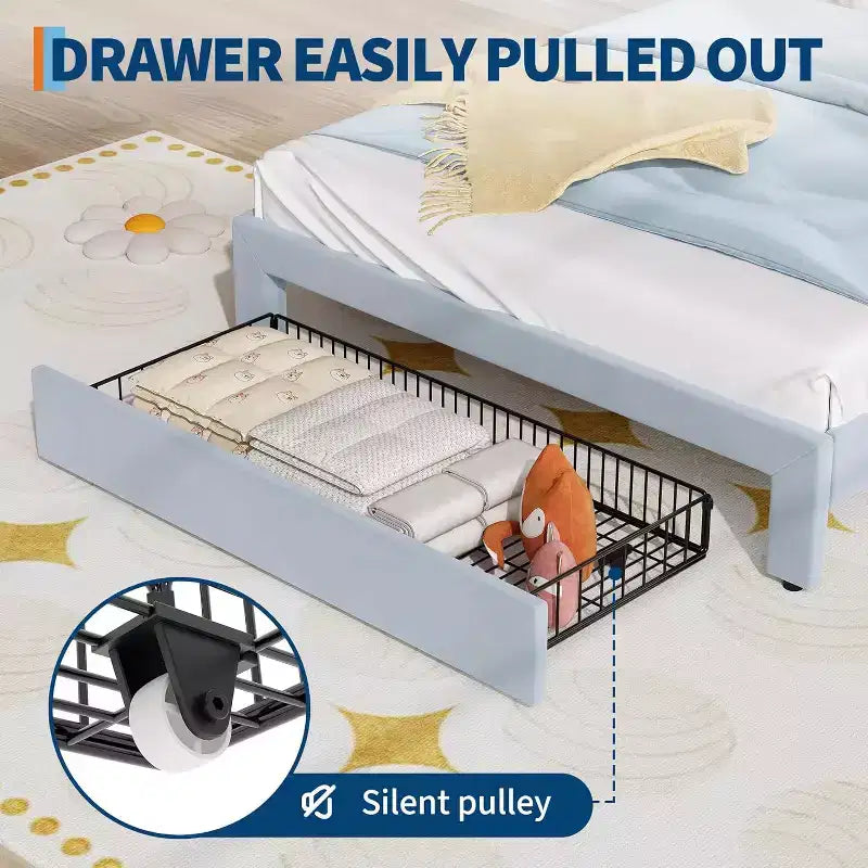 Full Platform Bed Frame with Drawer, Noise Free Upholstered Bed Frame with Cat Headboard, GRB LED Lights & Strong Wood Slats Support