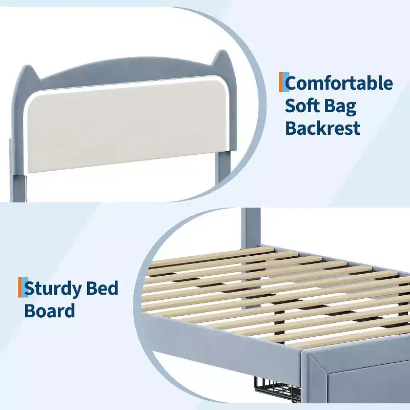 Full Platform Bed Frame with Drawer, Noise Free Upholstered Bed Frame with Cat Headboard, GRB LED Lights & Strong Wood Slats Support