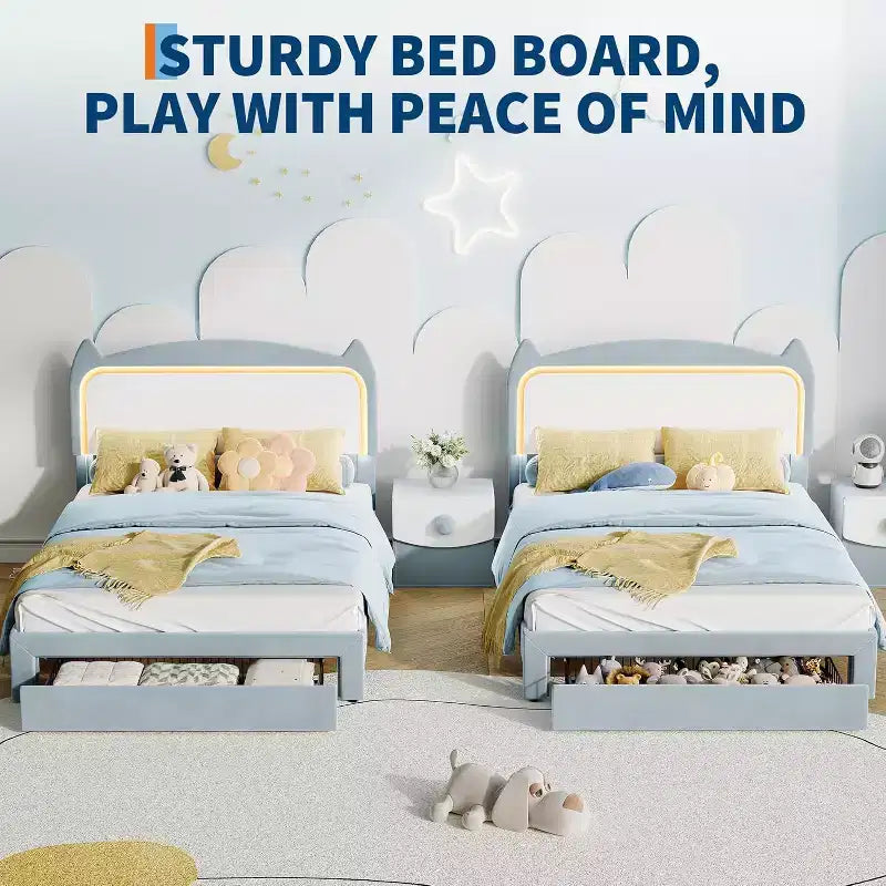 Full Platform Bed Frame with Drawer, Noise Free Upholstered Bed Frame with Cat Headboard, GRB LED Lights & Strong Wood Slats Support