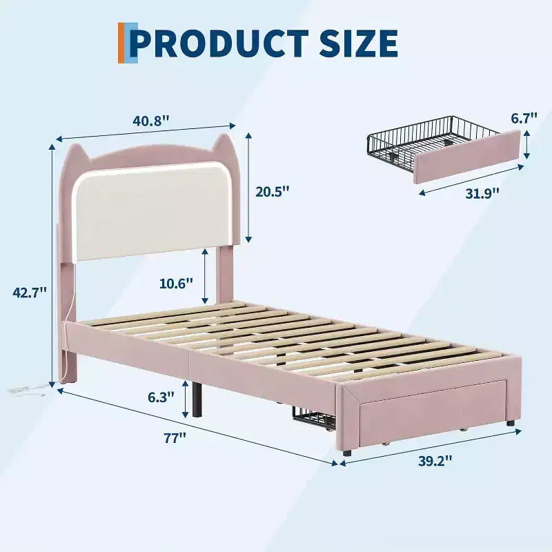 Full Platform Bed Frame with Drawer, Noise Free Upholstered Bed Frame with Cat Headboard, GRB LED Lights & Strong Wood Slats Support