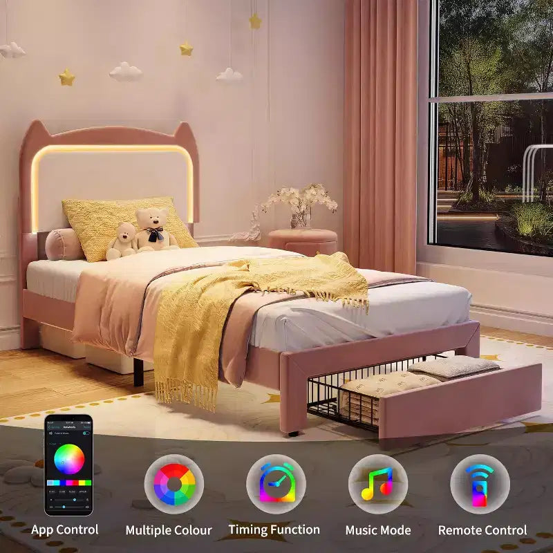 Full Platform Bed Frame with Drawer, Noise Free Upholstered Bed Frame with Cat Headboard, GRB LED Lights & Strong Wood Slats Support