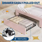 Full Platform Bed Frame with Drawer, Noise Free Upholstered Bed Frame with Cat Headboard, GRB LED Lights & Strong Wood Slats Support