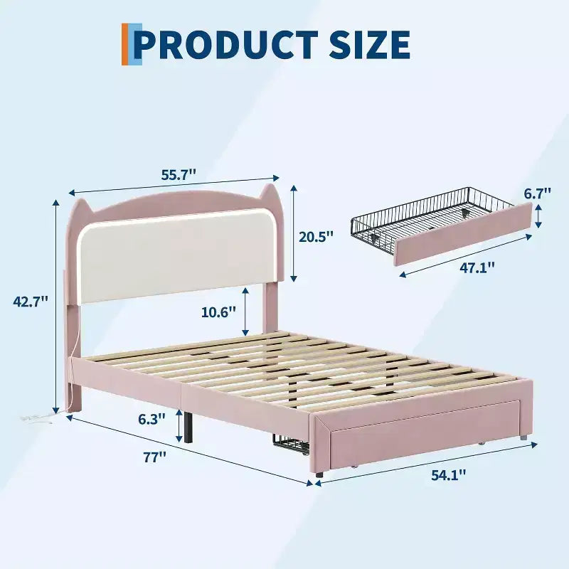 Full Platform Bed Frame with Drawer, Noise Free Upholstered Bed Frame with Cat Headboard, GRB LED Lights & Strong Wood Slats Support