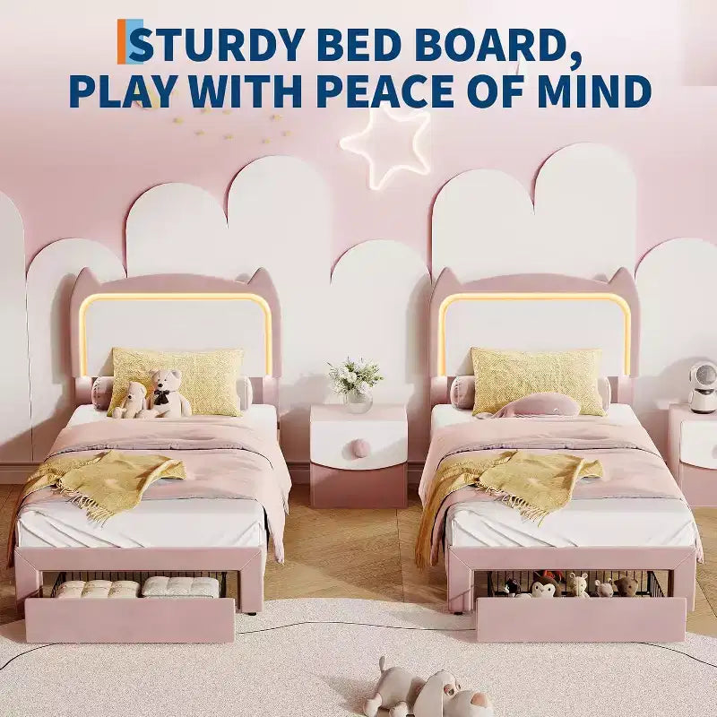 Full Platform Bed Frame with Drawer, Noise Free Upholstered Bed Frame with Cat Headboard, GRB LED Lights & Strong Wood Slats Support