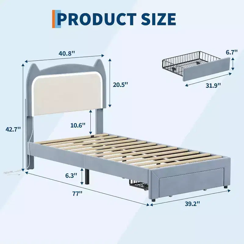Full Platform Bed Frame with Drawer, Noise Free Upholstered Bed Frame with Cat Headboard, GRB LED Lights & Strong Wood Slats Support