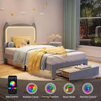 Full Platform Bed Frame with Drawer, Noise Free Upholstered Bed Frame with Cat Headboard, GRB LED Lights & Strong Wood Slats Support