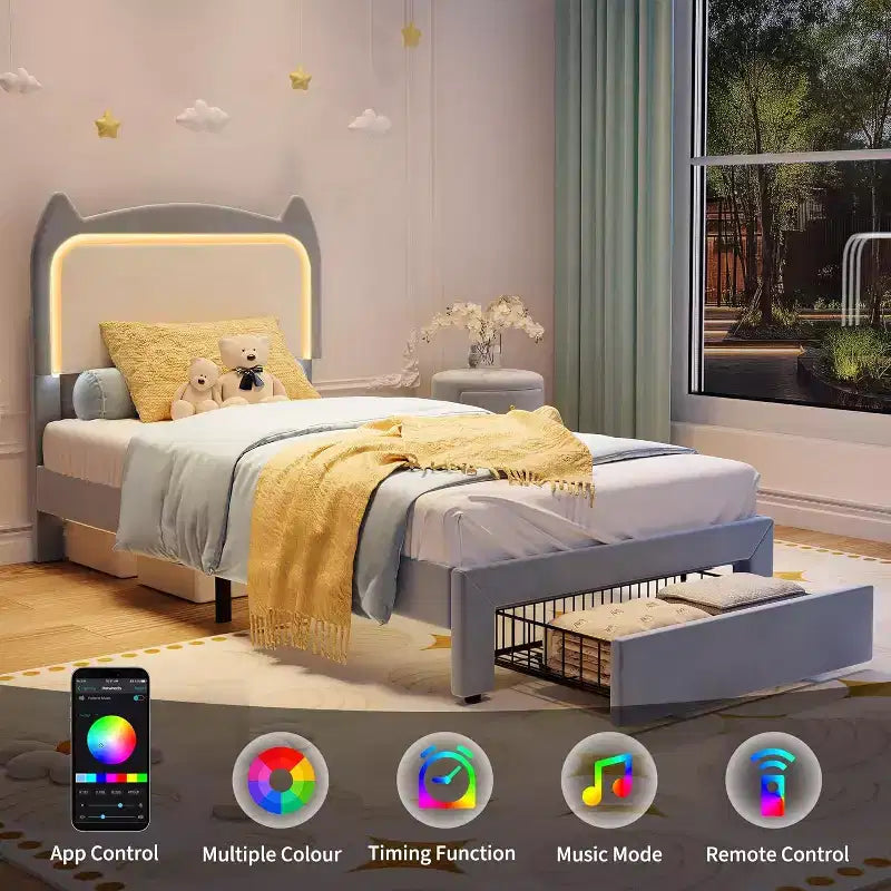 Full Platform Bed Frame with Drawer, Noise Free Upholstered Bed Frame with Cat Headboard, GRB LED Lights & Strong Wood Slats Support