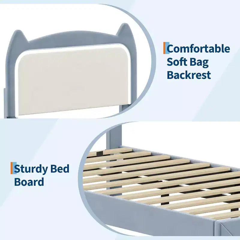 Full Platform Bed Frame with Drawer, Noise Free Upholstered Bed Frame with Cat Headboard, GRB LED Lights & Strong Wood Slats Support