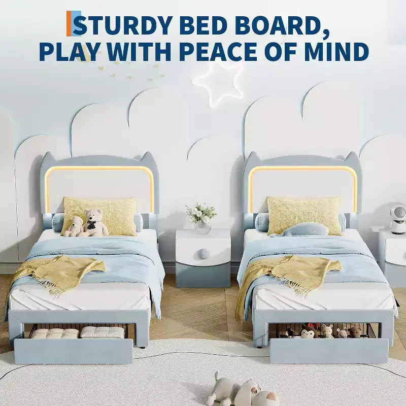 Full Platform Bed Frame with Drawer, Noise Free Upholstered Bed Frame with Cat Headboard, GRB LED Lights & Strong Wood Slats Support