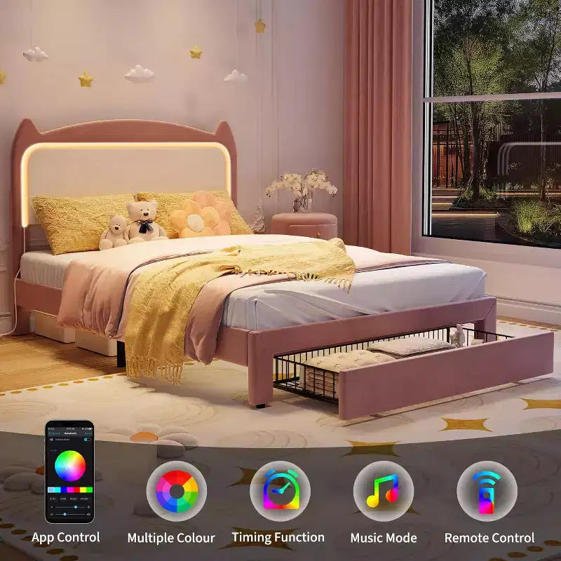 Full Platform Bed Frame with Drawer, Noise Free Upholstered Bed Frame with Cat Headboard, GRB LED Lights & Strong Wood Slats Support
