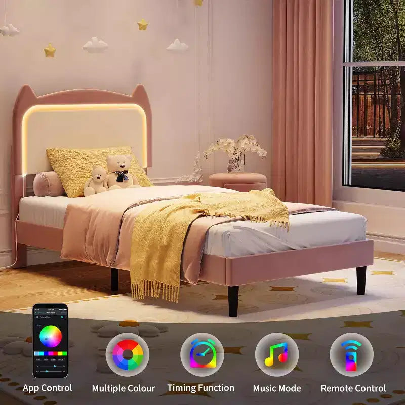 Full Platform Bed Frame with Drawer, Noise Free Upholstered Bed Frame with Cat Headboard, GRB LED Lights & Strong Wood Slats Support