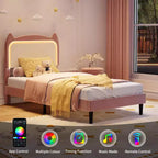 Full Platform Bed Frame with Drawer, Noise Free Upholstered Bed Frame with Cat Headboard, GRB LED Lights & Strong Wood Slats Support