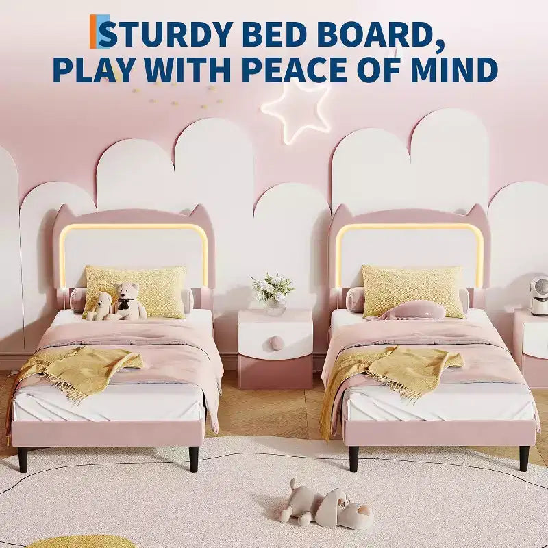 Full Platform Bed Frame with Drawer, Noise Free Upholstered Bed Frame with Cat Headboard, GRB LED Lights & Strong Wood Slats Support
