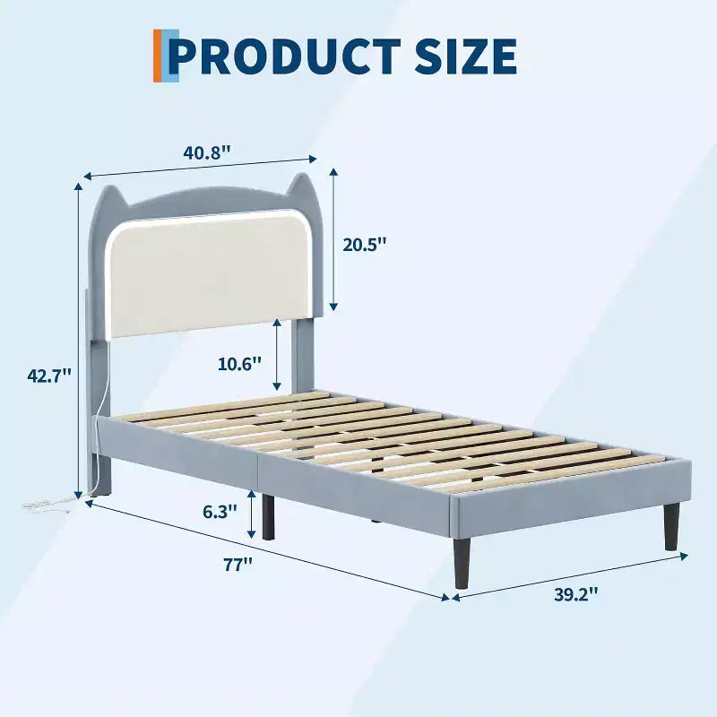 Full Platform Bed Frame with Drawer, Noise Free Upholstered Bed Frame with Cat Headboard, GRB LED Lights & Strong Wood Slats Support
