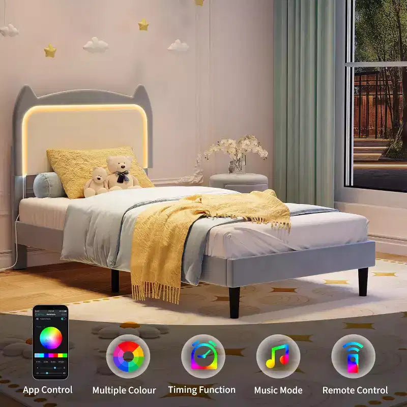 Full Platform Bed Frame with Drawer, Noise Free Upholstered Bed Frame with Cat Headboard, GRB LED Lights & Strong Wood Slats Support