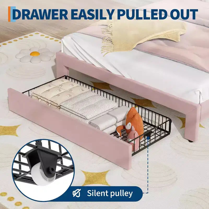 Full Platform Bed Frame with Drawer, Noise Free Upholstered Bed Frame with Cat Headboard, GRB LED Lights & Strong Wood Slats Support
