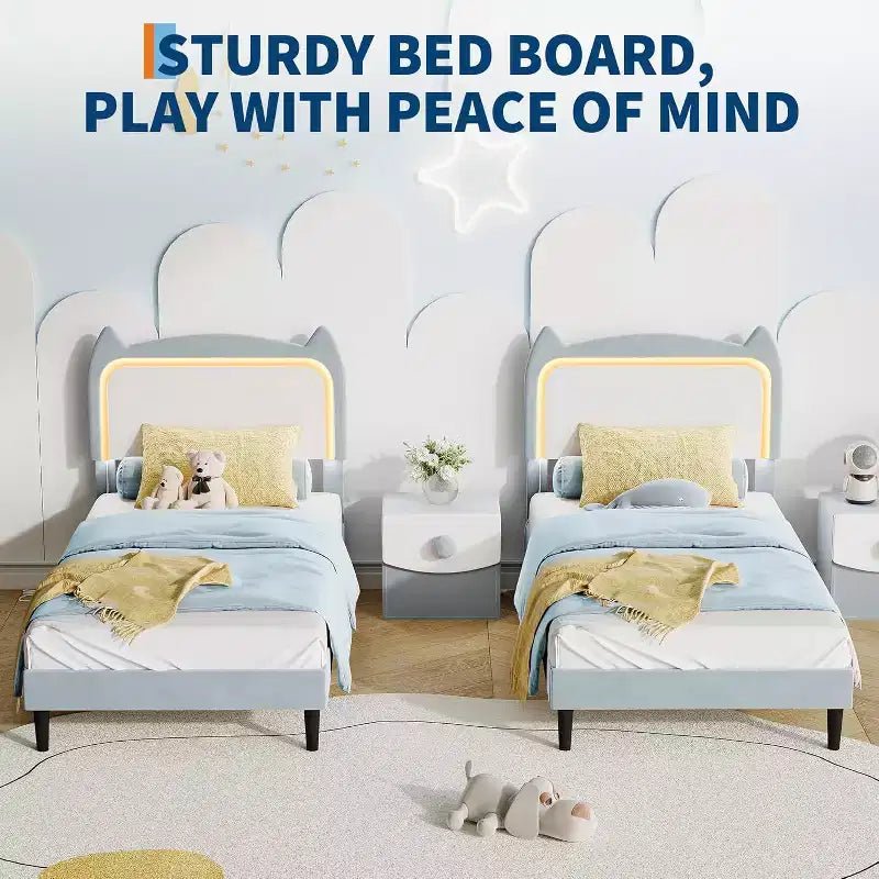 Full Platform Bed Frame with Drawer, Noise Free Upholstered Bed Frame with Cat Headboard, GRB LED Lights & Strong Wood Slats Support