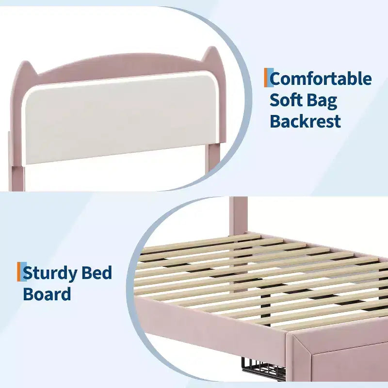 Full Platform Bed Frame with Drawer, Noise Free Upholstered Bed Frame with Cat Headboard, GRB LED Lights & Strong Wood Slats Support