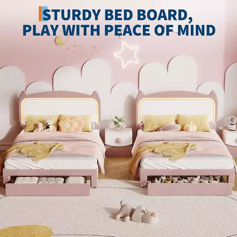 Full Platform Bed Frame with Drawer, Noise Free Upholstered Bed Frame with Cat Headboard, GRB LED Lights & Strong Wood Slats Support