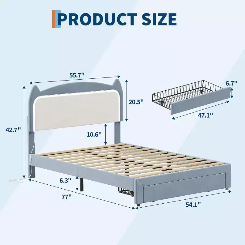 Full Platform Bed Frame with Drawer, Noise Free Upholstered Bed Frame with Cat Headboard, GRB LED Lights & Strong Wood Slats Support