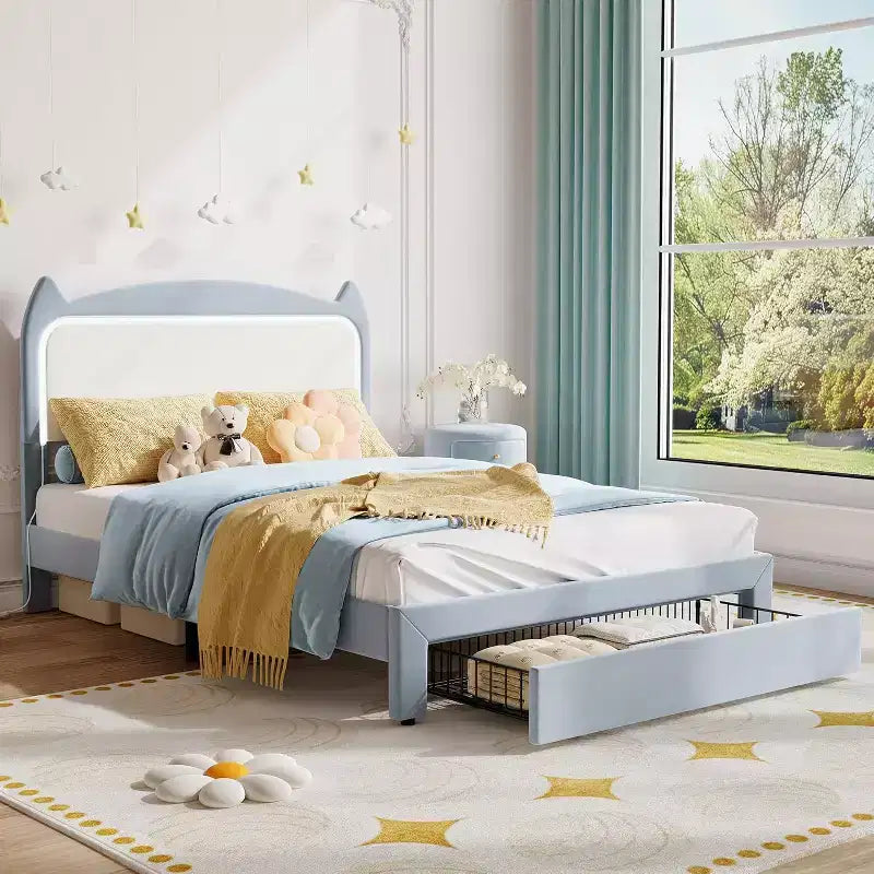 Full Platform Bed Frame with Drawer, Noise Free Upholstered Bed Frame with Cat Headboard, GRB LED Lights & Strong Wood Slats Support