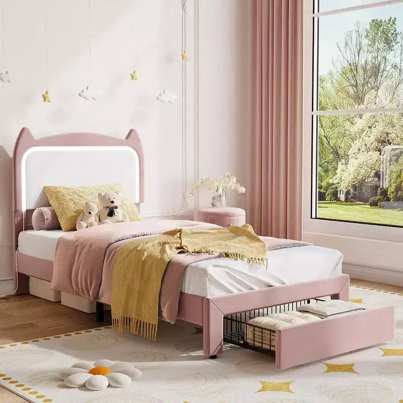Full Platform Bed Frame with Drawer, Noise Free Upholstered Bed Frame with Cat Headboard, GRB LED Lights & Strong Wood Slats Support