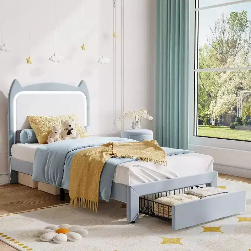 Full Platform Bed Frame with Drawer, Noise Free Upholstered Bed Frame with Cat Headboard, GRB LED Lights & Strong Wood Slats Support