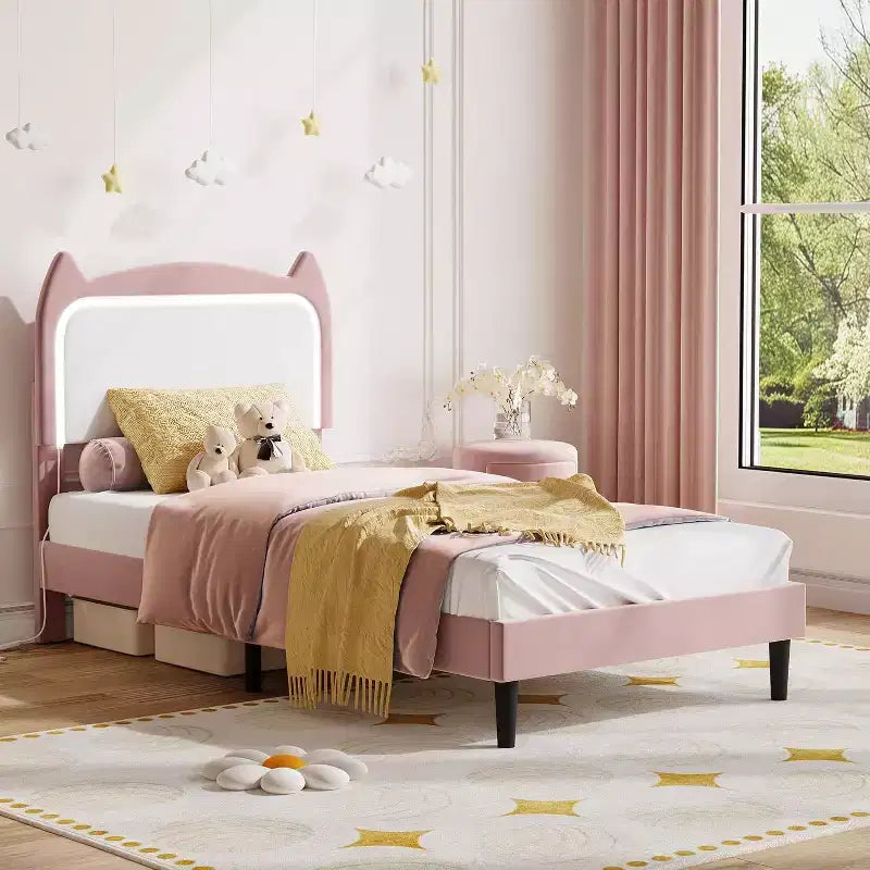 Full Platform Bed Frame with Drawer, Noise Free Upholstered Bed Frame with Cat Headboard, GRB LED Lights & Strong Wood Slats Support