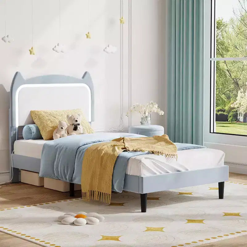 Full Platform Bed Frame with Drawer, Noise Free Upholstered Bed Frame with Cat Headboard, GRB LED Lights & Strong Wood Slats Support