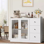Coffee Bar Cabinet with LED Lights, 48 Modern Buffet Storage Cabinet with Glass Doors and Drawers