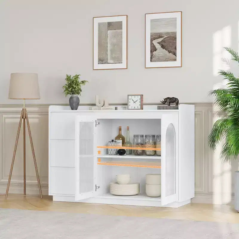 Coffee Bar Cabinet with LED Lights, 48 Modern Buffet Storage Cabinet with Glass Doors and Drawers
