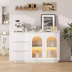Coffee Bar Cabinet with LED Lights, 48 Modern Buffet Storage Cabinet with Glass Doors and Drawers