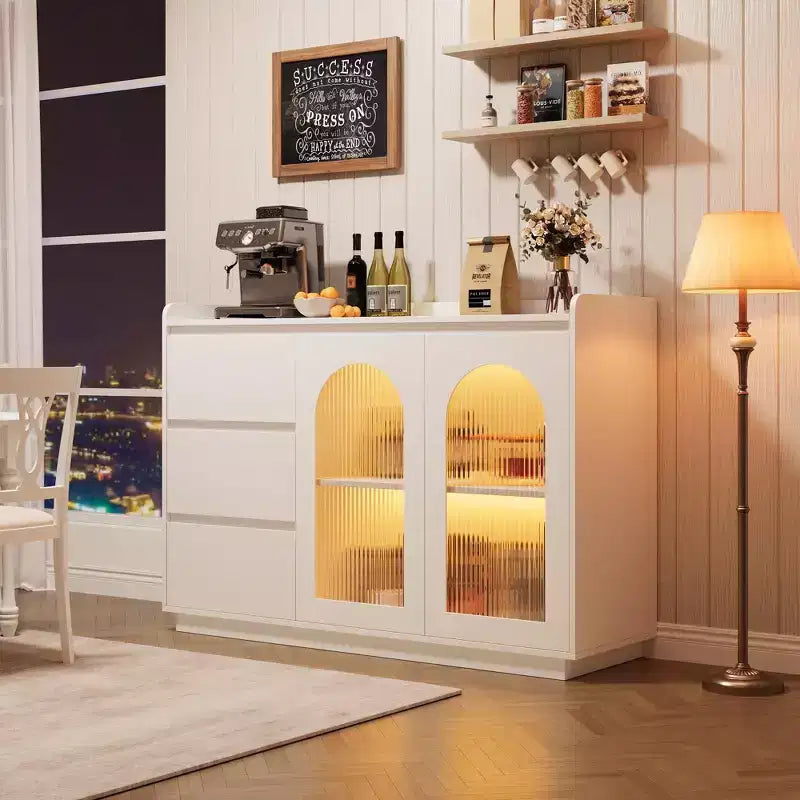 Coffee Bar Cabinet with LED Lights, 48 Modern Buffet Storage Cabinet with Glass Doors and Drawers