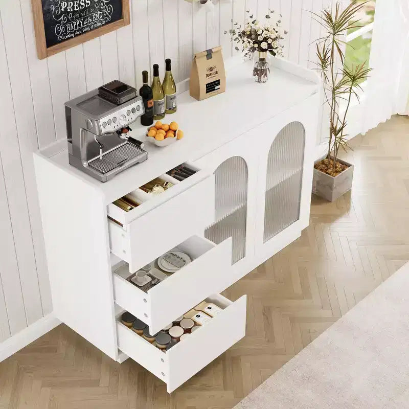 Coffee Bar Cabinet with LED Lights, 48 Modern Buffet Storage Cabinet with Glass Doors and Drawers