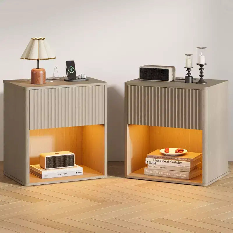 Fluted Nightstands Set 2, Side Tables with LED Light, Modern Mid Century End Table with Drawer, Farmhouse Bed Side Tables for Bedroom Living Room