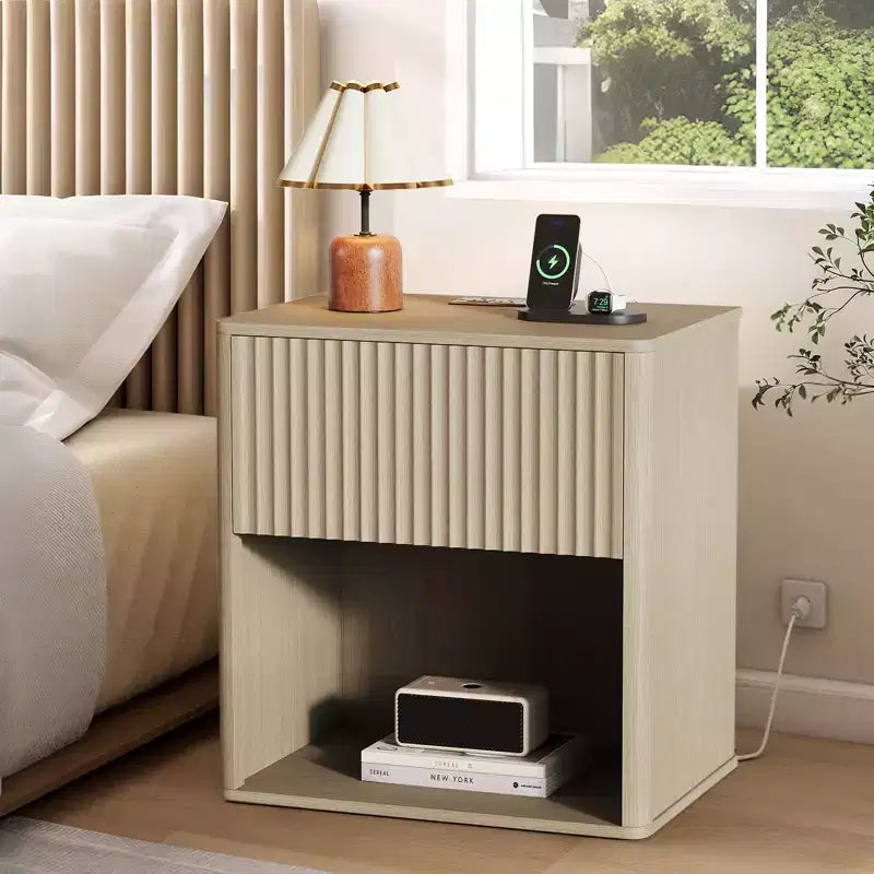 Fluted Nightstands Set 2, Side Tables with LED Light, Modern Mid Century End Table with Drawer, Farmhouse Bed Side Tables for Bedroom Living Room