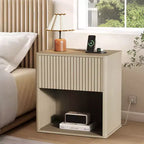 Fluted Nightstands Set 2, Side Tables with LED Light, Modern Mid Century End Table with Drawer, Farmhouse Bed Side Tables for Bedroom Living Room