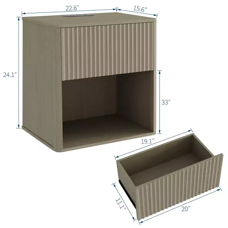 Fluted Nightstands Set 2, Side Tables with LED Light, Modern Mid Century End Table with Drawer, Farmhouse Bed Side Tables for Bedroom Living Room