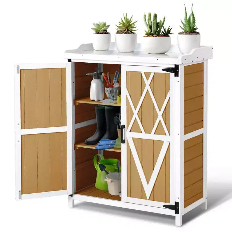 Outdoor Potting Bench with Storage, Garden Work Station Cabinet with Galvanized Metal Top