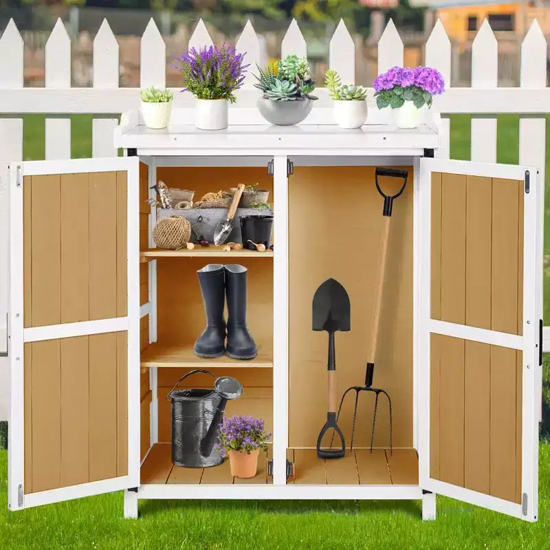 Outdoor Potting Bench with Storage, Garden Work Station Cabinet with Galvanized Metal Top