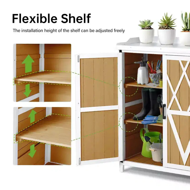 Outdoor Potting Bench with Storage, Garden Work Station Cabinet with Galvanized Metal Top