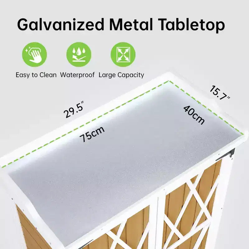 Outdoor Potting Bench with Storage, Garden Work Station Cabinet with Galvanized Metal Top